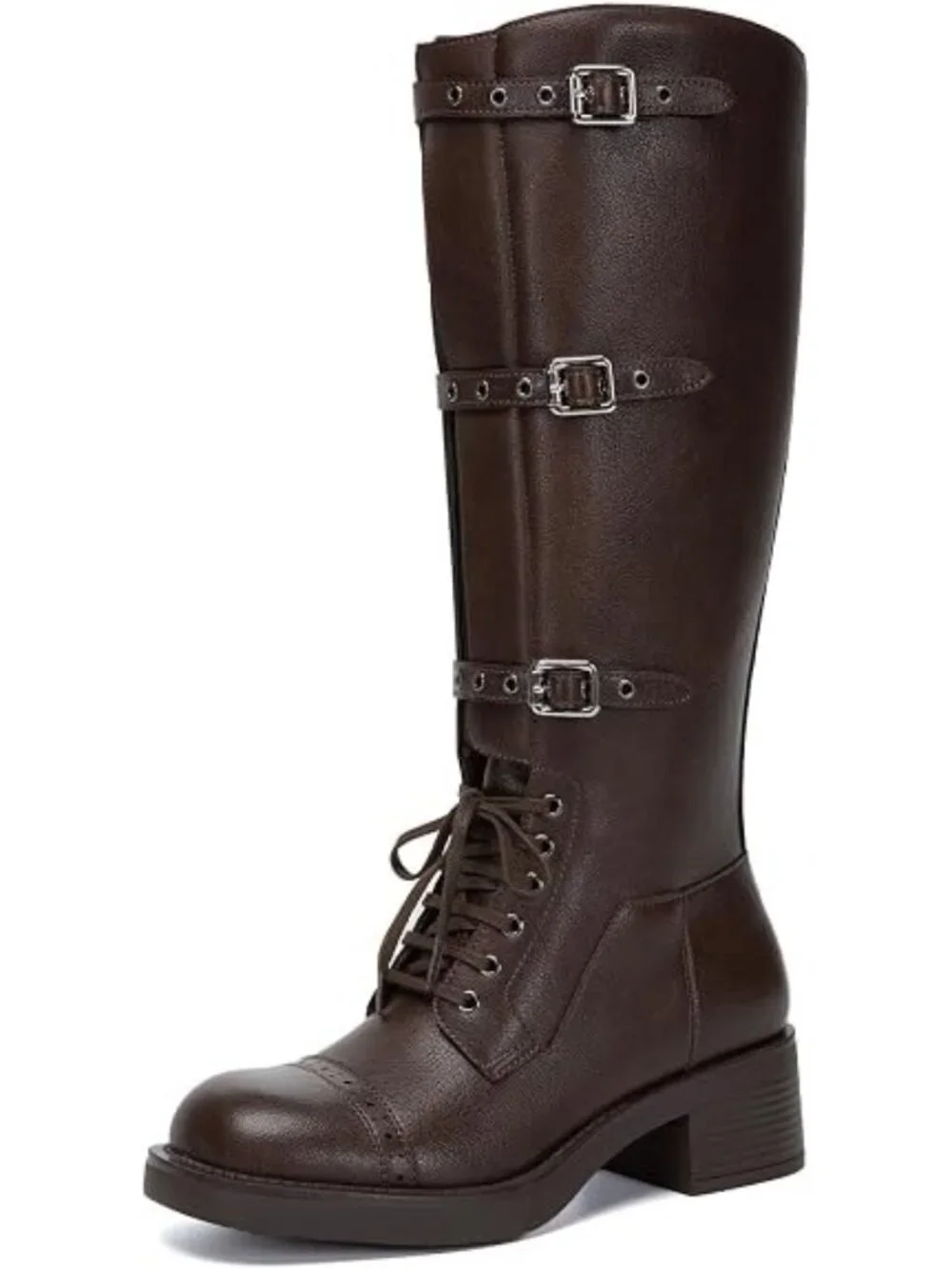 Athlefit Size 8 Riding Boots Brown Wide Calf Lace-Up Square Toe Buckles